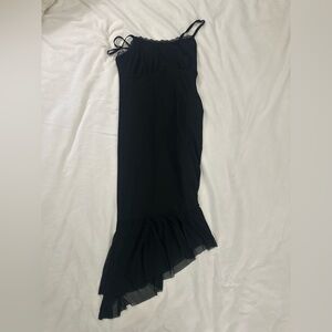 Black Asymmetrical Midi Dress with Ruffled Detailing